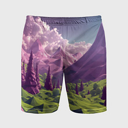 Мужские спортивные шорты Геометрический зеленый пейзаж и фиолетовые горы