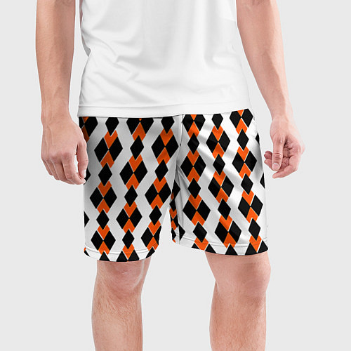 Мужские спортивные шорты Чёрные и оранжевые ромбы на белом фоне / 3D-принт – фото 3