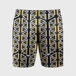 Шорты спортивные мужские Жёлто-белые треугольники на чёрном фоне, цвет: 3D-принт