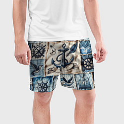 Шорты спортивные мужские Пэчворк с якорем - джинсовка моряка, цвет: 3D-принт — фото 2