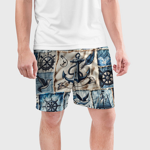 Мужские спортивные шорты Пэчворк с якорем - джинсовка моряка / 3D-принт – фото 3