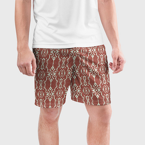 Мужские спортивные шорты Красно-коричневый в крупный белый узор / 3D-принт – фото 3