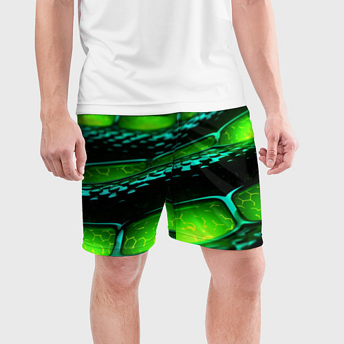 Мужские спортивные шорты Зеленая змеиная абстрактная текстура / 3D-принт – фото 3