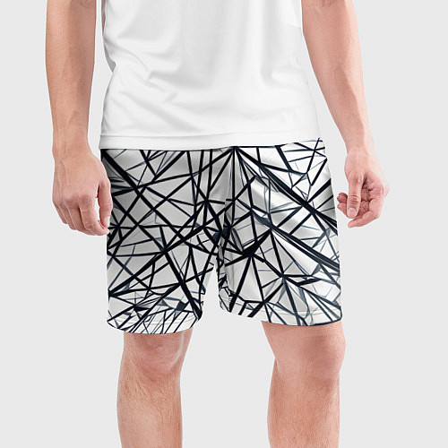 Мужские спортивные шорты Чёрные хаотичные линии на белом фоне / 3D-принт – фото 3