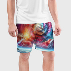 Шорты спортивные мужские Полёт к далёкой галактике - неоновый космос, цвет: 3D-принт — фото 2