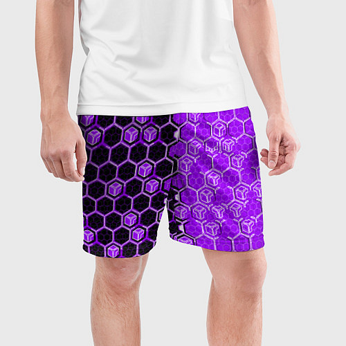 Мужские спортивные шорты Техно-киберпанк шестиугольники фиолетовый и чёрный / 3D-принт – фото 3