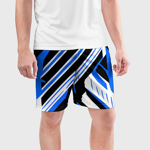 Мужские спортивные шорты Чёрно-синие полосы на белом фоне / 3D-принт – фото 3