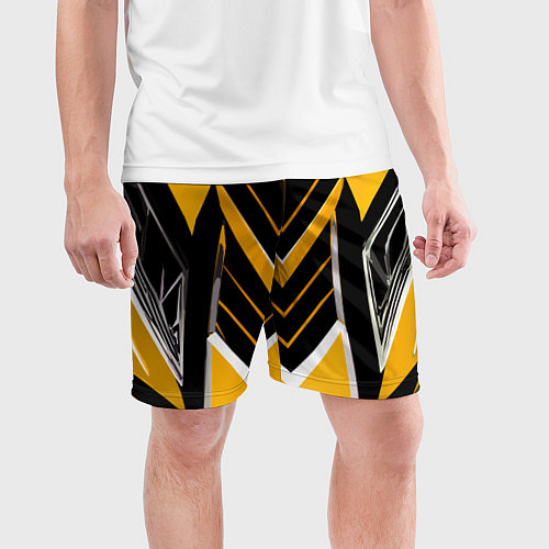 Мужские спортивные шорты Жёлто-серые полосы на чёрном фоне / 3D-принт – фото 3