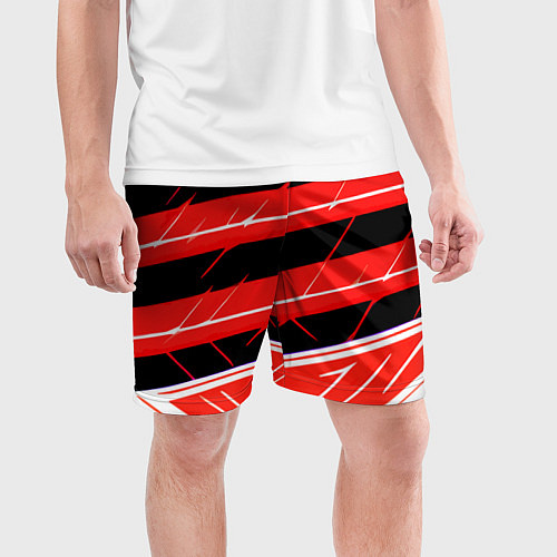 Мужские спортивные шорты Чёрно-белые полосы на красном фоне / 3D-принт – фото 3