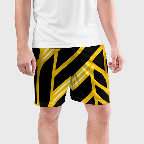 Мужские спортивные шорты Чёрно-белые полосы на жёлтом фоне / 3D-принт – фото 3