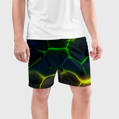 Мужские спортивные шорты Неоновые яркие зеленые плиты с желтым светом / 3D-принт – фото 3