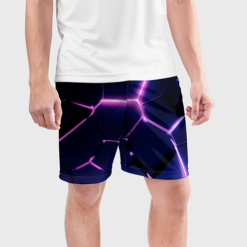 Мужские спортивные шорты Сине-фиолетовые неоновые плиты в разломе / 3D-принт – фото 3