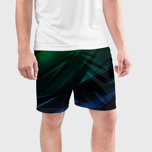 Мужские спортивные шорты Зелено-синие абстрактные объемные полосы / 3D-принт – фото 3