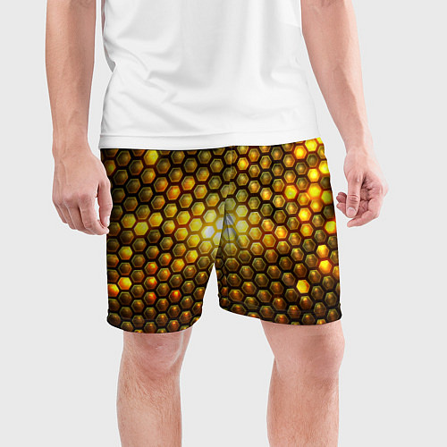 Мужские спортивные шорты Металлические соты - роскошный блеск золота / 3D-принт – фото 3