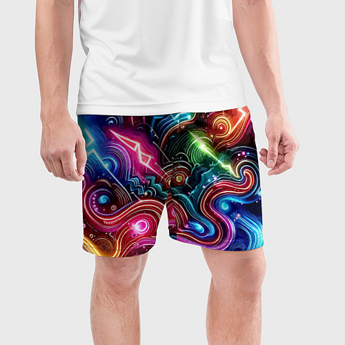 Мужские спортивные шорты Красочная неоновая абстракция - нейроарт / 3D-принт – фото 3