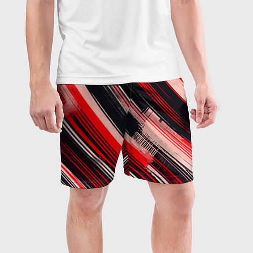 Мужские спортивные шорты Красные диагональные полосы на чёрном фоне / 3D-принт – фото 3
