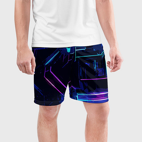 Мужские спортивные шорты Сине-розовые полосы на чёрном фоне / 3D-принт – фото 3