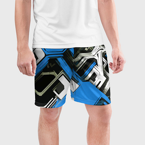 Мужские спортивные шорты Сине-белый техно паттерн на чёрном фоне / 3D-принт – фото 3