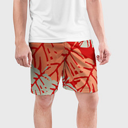Шорты спортивные мужские Отпечатки монстеры на красном, цвет: 3D-принт — фото 2