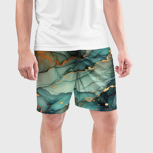 Мужские спортивные шорты Бирюзовый узор с оранжевыми вставками / 3D-принт – фото 3