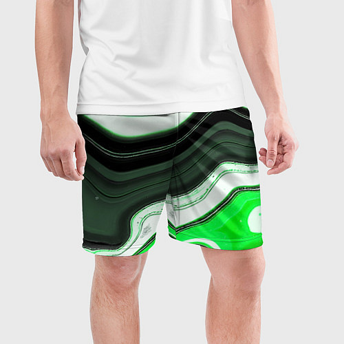 Мужские спортивные шорты Волнистые горизонтальные чёрно-зелёные полосы на б / 3D-принт – фото 3