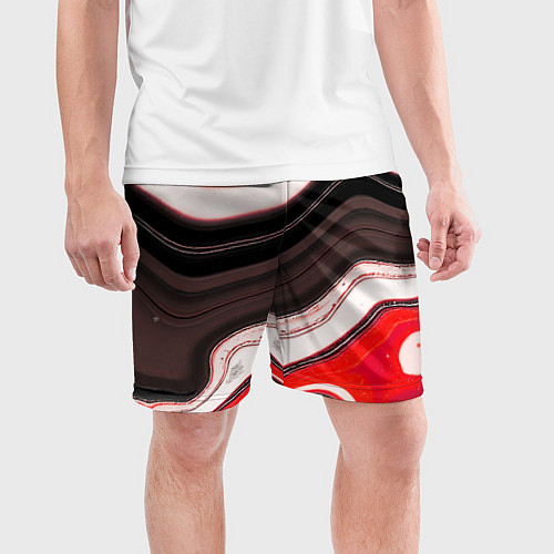 Мужские спортивные шорты Волнистые горизонтальные чёрно-красные полосы на б / 3D-принт – фото 3