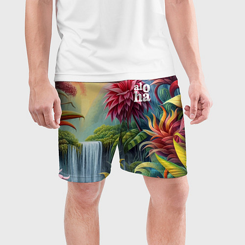 Мужские спортивные шорты Гавайские тропические цветы - алоха / 3D-принт – фото 3