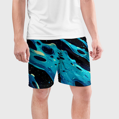 Мужские спортивные шорты Синие волны краски на черном / 3D-принт – фото 3