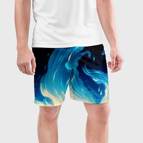 Мужские спортивные шорты Бело-синее пламя из абстрактных красок / 3D-принт – фото 3