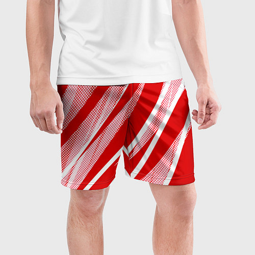 Мужские спортивные шорты Красно-белый абстракция с полосами / 3D-принт – фото 3
