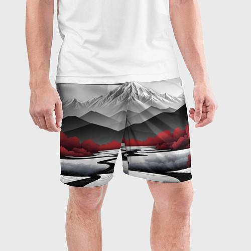 Мужские спортивные шорты Белые горы и красные деревья / 3D-принт – фото 3