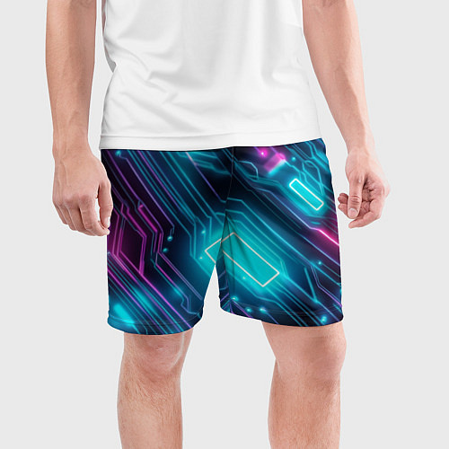 Мужские спортивные шорты Неоновый узор киберпанк микросхемы / 3D-принт – фото 3