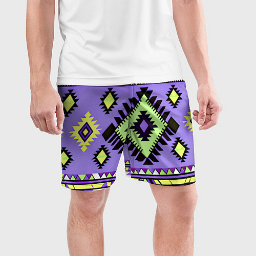 Мужские спортивные шорты Геометрический сиренево желтый орнамент ацтеков / 3D-принт – фото 3
