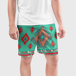 Шорты спортивные мужские Оранжево бирюзовый геометрический узор в стиле ацт, цвет: 3D-принт — фото 2