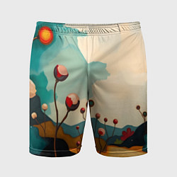 Шорты спортивные мужские Сюрреалистичный пейзаж с цветами, цвет: 3D-принт