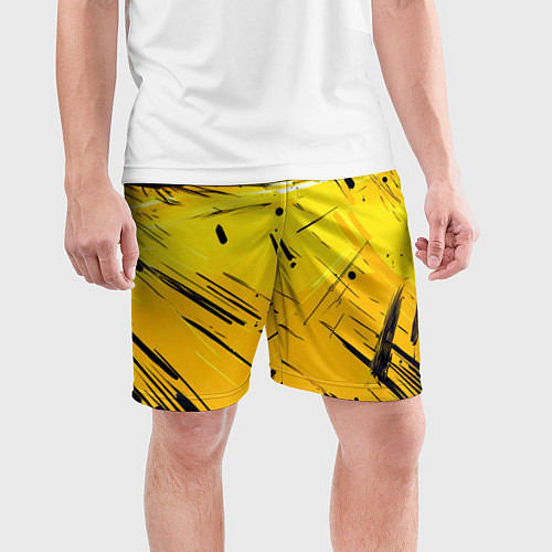 Мужские спортивные шорты Желтая краска на черном фоне / 3D-принт – фото 3