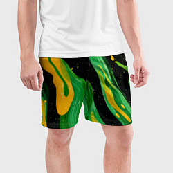 Шорты спортивные мужские Зелено-желтая краска на черном, цвет: 3D-принт — фото 2