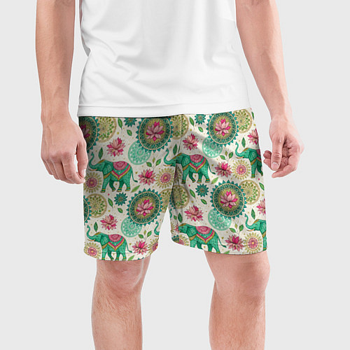 Мужские спортивные шорты Слоны и мандалы паттерн в индийской стилистике / 3D-принт – фото 3