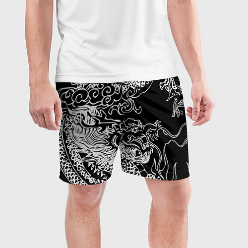 Мужские спортивные шорты Белый дракон на черном / 3D-принт – фото 3