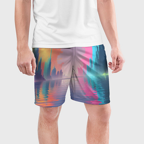 Мужские спортивные шорты Город в розовом тумане / 3D-принт – фото 3