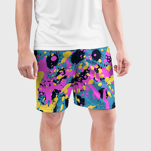 Мужские спортивные шорты Брызги краски розовой желтой и темно синей / 3D-принт – фото 3