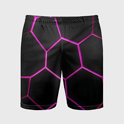 Шорты спортивные мужские Черные соты с фиолетовым неоном, цвет: 3D-принт