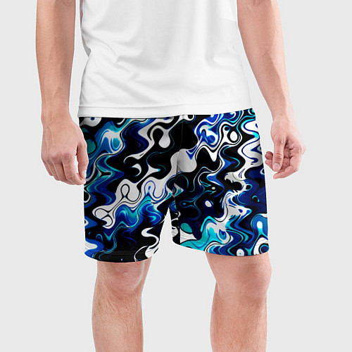 Мужские спортивные шорты Абстракция разлитые краски чёрно-сине-белый / 3D-принт – фото 3