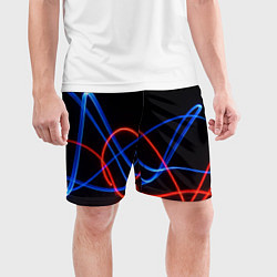 Шорты спортивные мужские Красно синие неоновые линии на черном фоне, цвет: 3D-принт — фото 2