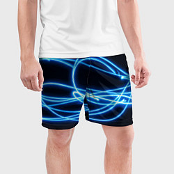 Шорты спортивные мужские Неоновые голубые волны на черном фоне, цвет: 3D-принт — фото 2