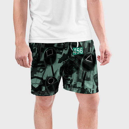 Мужские спортивные шорты Номер 456 на фоне масок игры в кальмара / 3D-принт – фото 3