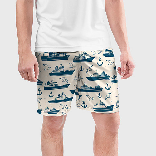 Мужские спортивные шорты Морской паттерн из чаек, якорей и кораблей / 3D-принт – фото 3