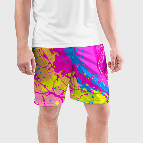 Мужские спортивные шорты Яркая абстракция из розовых и голубых красок / 3D-принт – фото 3