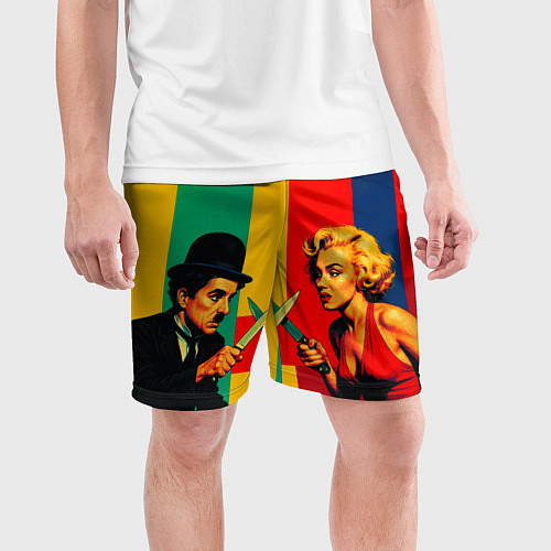 Мужские спортивные шорты Чарли Чаплин против Мэрилин Монро поп-арт / 3D-принт – фото 3