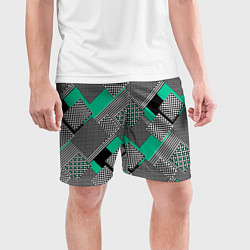 Шорты спортивные мужские Черно бирюзовая абстрактная геометрия пэчворк, цвет: 3D-принт — фото 2